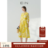 EIN【海島假日】EIN言文藝印花系帶立領(lǐng)七分袖絲棉連衣裙夏季新款 黃色 L