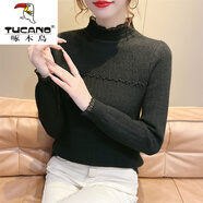 啄木鳥(niǎo)打底毛衣女內搭羊·毛衫2025春秋新款甜美衫半高領(lǐng)修身蕾絲針織衫 黑色【加/絨加/厚】 S