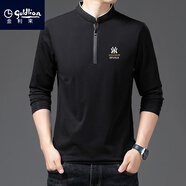 金利來純棉長袖t恤男休閑薄款體恤上衣春秋季中年男裝立領(lǐng)打底衫 8167黑色 薄款 M 165 建議95-110斤