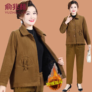 俞兆林（YUZHAOLIN）中老年春秋燈芯絨外套女中年時(shí)尚洋派套裝媽媽秋冬加絨加厚兩件套 姜黃色 加絨 XL (參考90-105斤)