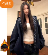 棉致復古印花拼接休閑連帽外套女秋冬季新款開(kāi)衫衛衣慵懶風(fēng)上衣加絨 藏青色【5165常規高品質(zhì)】 L 110-120斤