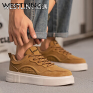 西遇男鞋2025新款百搭厚底增高休閑鞋時(shí)尚透氣板鞋防滑皮面運動(dòng)板鞋 土黃色 40