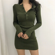 薩肯貓（SAKENMAO）針織包臀連衣裙女洋氣打底內(nèi)搭長袖收腰短裙2025胸前系扣大碼修身 綠色 XS 70-80斤