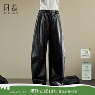 日著原創(chuàng)設計闊腿PU皮褲2024秋新款女裝新復古回潮挺括拼接O型休閑褲 凌枝黑 S