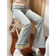 以純（YISHion）淺色加絨加厚微喇牛仔褲女冬季大碼胖mm高腰遮胯小個(gè)力喇叭褲 淺藍色(加絨) 加厚 S 【建議80-95斤】