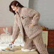 浪莎珊瑚絨三層夾棉睡衣女秋冬季加厚加絨冬天保暖新款女士家居服套裝 E- 6706棕色立領(lǐng)款 L 建議100-120斤
