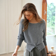 Olrain歐芮兒法式一字領(lǐng)毛衣女春秋新款開叉下擺收腰套頭衫 灰色 M