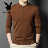 花花公子（PLAYBOY）男士高端品牌羊毛拉鏈翻領(lǐng)薄款秋冬純色羊毛t恤長袖中年男士打底 淺咖啡 M/YM1609 M 105=165碼