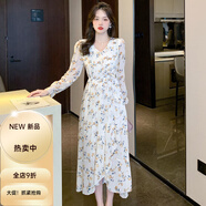秋水月色伊人感雪紡碎花森系氣質(zhì)連衣裙女2025秋季新款長(cháng)袖仙女純欲風(fēng)裙子 杏色 S 【建議95斤以下】