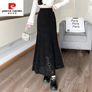 皮爾卡丹（pierre cardin）加絨加厚蕾絲魚(yú)尾裙半身裙女秋冬小個(gè)子高腰顯瘦垂感a字包臀長(cháng)裙 黑色 S