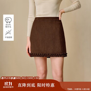 茵曼甜美木耳邊羊毛呢子半身裙2025冬女裝新款A(yù)字短裙深咖紅 M