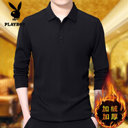 花花公子（PLAYBOY）秋冬中年男士純色加絨加厚純棉長(cháng)袖T恤爸爸裝翻領(lǐng)休閑保暖體恤衫 黑色(加絨) 加厚 XL 175