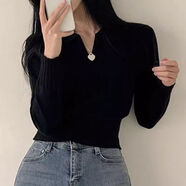 伊琦蕾灰色POLO領(lǐng)針織打底衫女春秋內(nèi)搭收腰修身設(shè)計(jì)感小眾別致絕美上衣 黑色（好質(zhì)量） L 【建議110-120斤以內(nèi)】