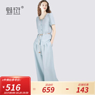 魅斑串珠系帶上衣闊腿褲兩件套女2025夏季新款波嬉風(fēng)貝殼裝飾套裝 藍色+藍色 M