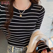 憶思減圓領(lǐng)條紋針織衫女2025新款打底衫內搭初秋季修身上衣低領(lǐng)毛衣 黑色 XL 建議110-120斤