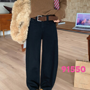 WDH冬季加絨加厚復古彎刀牛仔褲女褲高腰顯瘦不掉色百搭時(shí)尚女裝 黑色 加絨 2XL 30