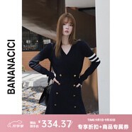 banana cici2024年冬季新款學(xué)院風(fēng)A字雙排扣收腰V領(lǐng)長(zhǎng)袖連衣裙C234LY322 寶藍(lán) XL