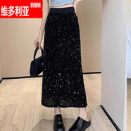維多利亞的格調(diào)大碼亮片半身裙女高腰遮胯包臀裙開叉一步裙絲絨長(zhǎng)裙子胖mm春秋冬 黑色 M 【80-100斤】
