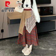 皮爾卡丹（pierre cardin）古著(zhù)廢土風(fēng)格紋不規則半身長(cháng)裙秋季波西米亞復古蕾絲拼接a字裙子 紅色格紋 M