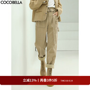 COCOBELLA工裝風(fēng)卡其色水洗棉休閑褲女秋寬松高腰直筒褲PT818卡其單版M