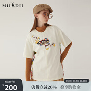謎底寬松印花T恤女2024夏季新款復古印花后背拼接上衣女246MT7049 米白 L