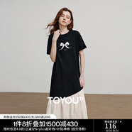 初語休閑寬松撞色拼接設(shè)計(jì)蝴蝶結(jié)印花T恤裙女2025夏季新款連衣裙 黑色 S