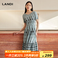 藍地（LANDI）波西米亞風(fēng)印花復古連衣裙女短袖收腰中長(cháng)裙夏新品 葉綠色 M