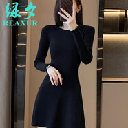 綠夕（REAXUR）赫本風(fēng)連衣裙女秋冬2025年新款高檔女士?jì)却钍昭€(gè)子針織毛衣裙 黑色 M