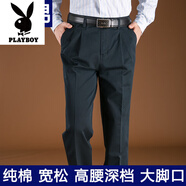 花花公子純棉男士雙褶休閑褲長(cháng)褲春秋季新款中老年高腰深檔寬松直筒長(cháng)褲子 黑藍 適合春秋冬季 厚款 32 腰圍二尺五