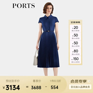 PORTS寶姿女裝春夏新款通勤襯衫領(lǐng)拼接百褶收腰短袖中長連衣裙 丈青 XS (2)