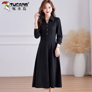 啄木鳥(niǎo)針織連衣裙女春秋新款休閑時(shí)尚高端翻領(lǐng)收腰顯瘦氣質(zhì)長(cháng)袖打底裙 黑色 2XL (建議125-135斤)