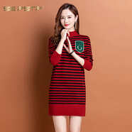 夏典素訂女王（SE.PSTP）半高領(lǐng)針織衫秋冬季毛衣女裝套頭中長款包臀連衣裙修身保暖打底衫 紅色 橫條紋 S 80-94斤