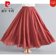 皮爾卡丹（pierre cardin）夏季文藝復古寬松純色大擺長(cháng)裙高腰薄款飄逸雙層紗裙棉麻半身裙女 鐵銹紅 M 95C100-135斤