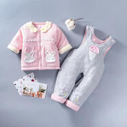 接運貓夾棉分體衣嬰兒衣套裝秋冬裝男女寶寶棉襖兩件套新生兒衣服保暖 小兔花邊加棉兩件套 無(wú)骨可機洗 73  建議3-6個(gè)月