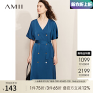AMII七夕禮物2025夏極簡(jiǎn)輕奢緞面V領(lǐng)雙排扣微彈中長(zhǎng)配腰帶連衣裙女 午夜藍(lán) 155/80A/S