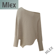 MLEX南柚蝙蝠袖斜肩長(cháng)袖針織衫女穿搭新款寬松軟糯慵懶松弛感露肩毛衣 卡其色 S