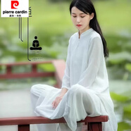 皮爾卡丹（pierre cardin）新中式禪服套裝裙女中國風(fēng)文藝瑜伽服茶服太極服棉長(cháng)袖上衣套裝 白色套裝 L 【建議105-120斤】