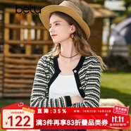 百圖betu女裝秋新款毛針織衫圓領流蘇鏤空長袖針織開衫女2308T90 黑白條 M
