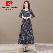 皮爾卡丹（pierre cardin）2025春秋新款寬松大尺碼顯瘦中長(cháng)款碎花長(cháng)袖連衣裙女中年媽m媽大 綠色花 【大擺長(cháng)裙】今年流行的輕奢品牌 XS 建議(65-75斤)