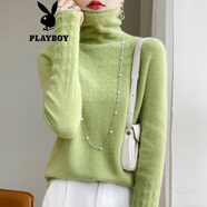 花花公子（PLAYBOY）2025休閑新品羊.毛衫女堆堆領(lǐng)毛衣鏤空提花羊.絨衫高領(lǐng)針織打底 果綠色 【原版】官方旗艦版 S