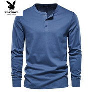 花花公子（PLAYBOY）亨利衫男軍綠色重磅純棉長(cháng)袖t恤硬漢阿美咔嘰復古美式健身打底衫 牛仔藍長(cháng) S 90-110斤