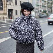 誦齡2025冬季歐美跨境女裝豹紋連帽棉服寬松面包夾克 藍(lán)色豹紋 M