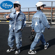 迪士尼（Disney）男童加絨加厚冬季套裝2025新款兒童帥氣酷男孩牛仔外套褲子春秋季 藍色五星春秋套裝 120 (適合110-120厘米))