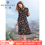 MORELINE沐蘭商城同款設(shè)計感印花連衣裙2023秋季新款優(yōu)雅法式蕾絲中長裙 克黃花 2XL 44