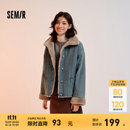 森馬（Semir）牛仔棉服女拼接毛領(lǐng)美式復(fù)古2024冬寬松毛邊夾克街頭潮流 牛仔黃泥染80325 L 165/88A