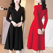胖mm收腰顯瘦法式淑女連衣裙秋冬新款洋氣大碼女裝v領(lǐng)遮肉打底裙 紅色 L 【體重105-115斤穿】