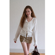 EGGKA拼接蕾絲花邊收腰綁帶針織毛衣法式甜美上衣 E25A4001AF 白色 均碼