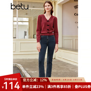 百圖betu女裝秋新款毛衣少女感絲絨蝴蝶結(jié)V領(lǐng)提花長袖毛衣2309T93 紅色 XS