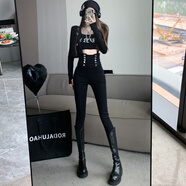 馨悠潔淺色超高腰小腳加厚牛仔布褲女秋冬彈力提臀鉛筆靴褲顯瘦顯高背帶 黑色 S