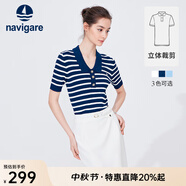 Navigare意大利小帆船短袖針織衫女士夏季顯瘦時尚條紋POLO衫V領(lǐng)毛衣T恤衫 海軍藍(lán)/白 M 碼